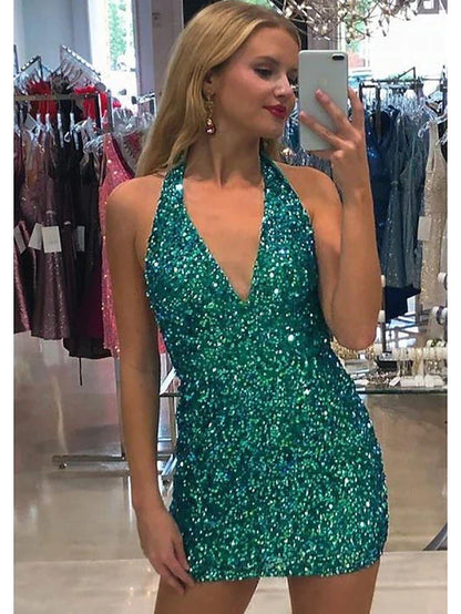 Woman wearing a sparkling sequined mermaid V-neck short party dress.
