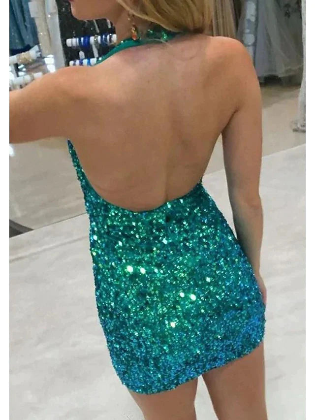 Back view of a woman in a sequined mermaid V-neck short party dress with backless design.