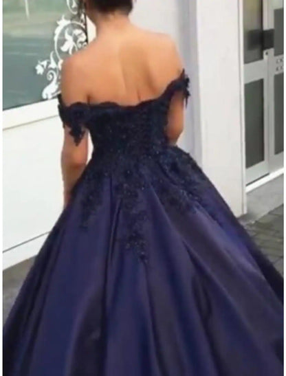 Elegant off-shoulder Quinceanera dress with shimmering fabric.