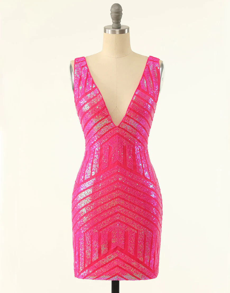 Elegant blue sequin deep V-neck tight mini dress for parties.
