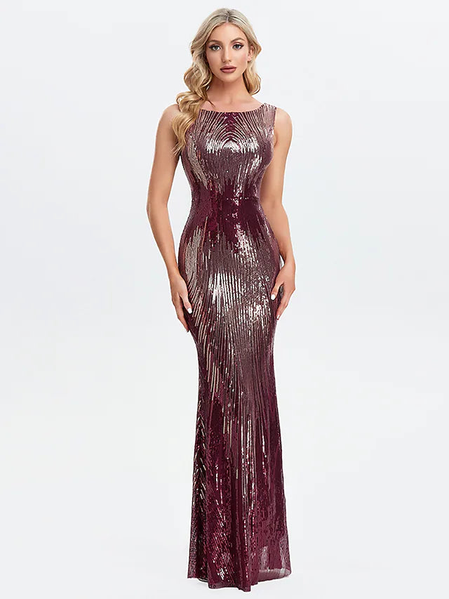 Elegant woman posing in a jewel neck sleeveless sequin formal dress.