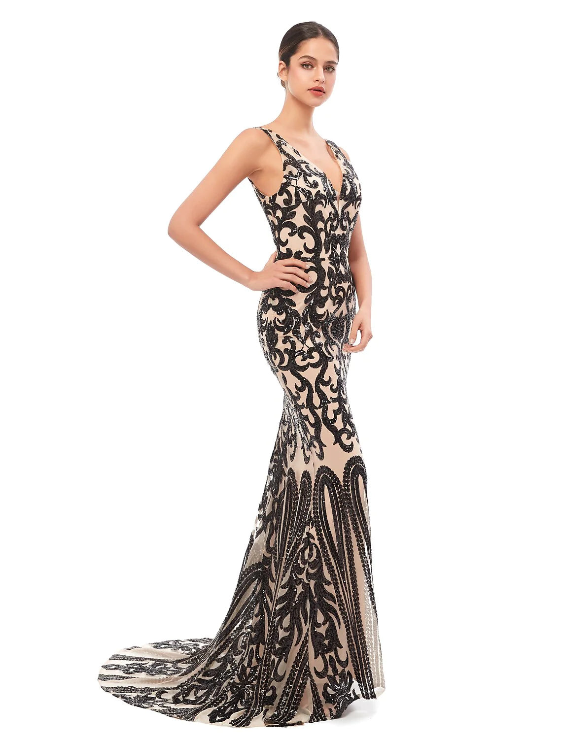 Elegant V-neck mermaid trumpet gown with shimmering sequins and a flowing court train.
