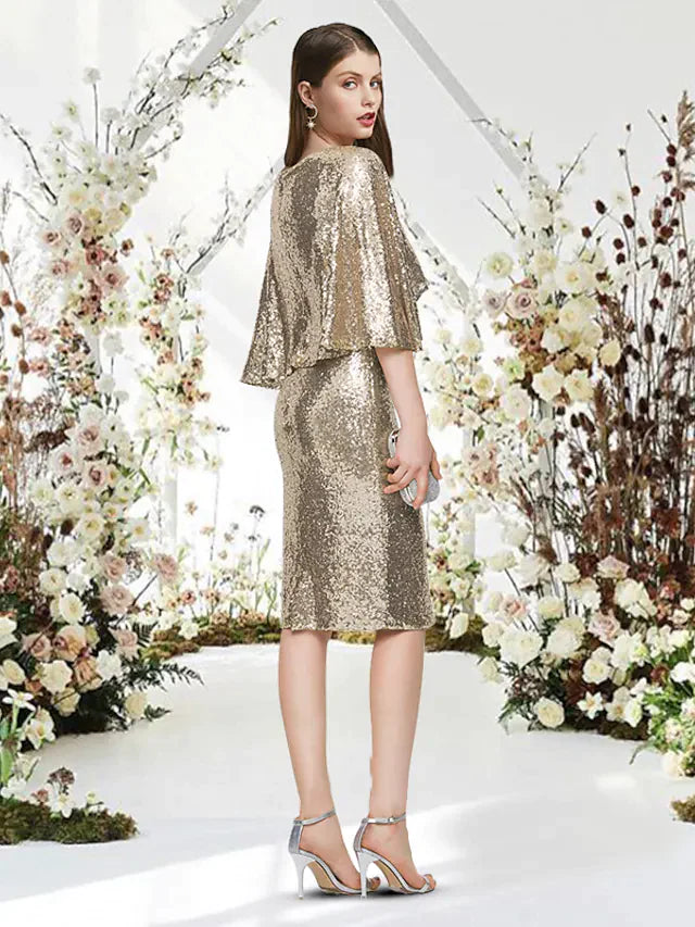 Side view of the sparkling sequin V-neck cocktail dress with half sleeves.