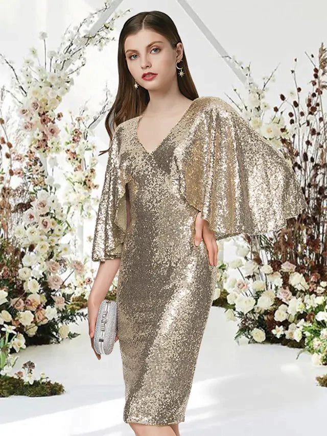 Close-up of the sequin detail on the V-neck half-sleeve party dress.