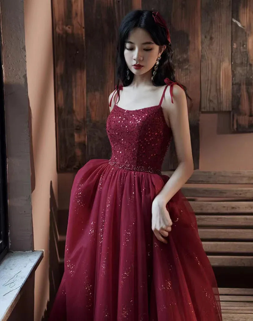 Sparkling A-line Square-neck Sleeveless Glitter Burgundy Floor-length Prom Dress for Women Ready to Ship