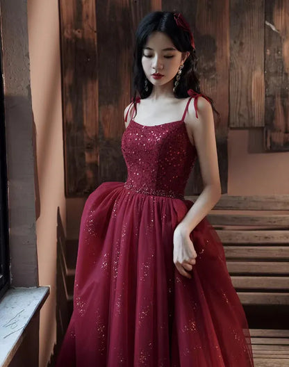 Sparkling A-line Square-neck Sleeveless Glitter Burgundy Floor-length Prom Dress for Women Ready to Ship