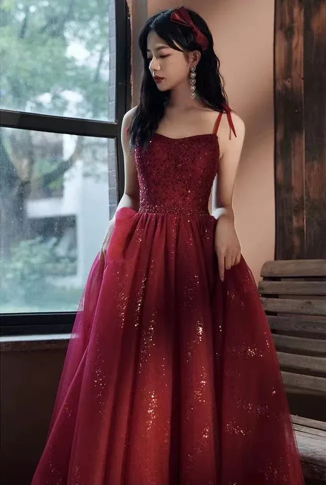 Sparkling A-line Square-neck Sleeveless Glitter Burgundy Floor-length Prom Dress for Women Ready to Ship
