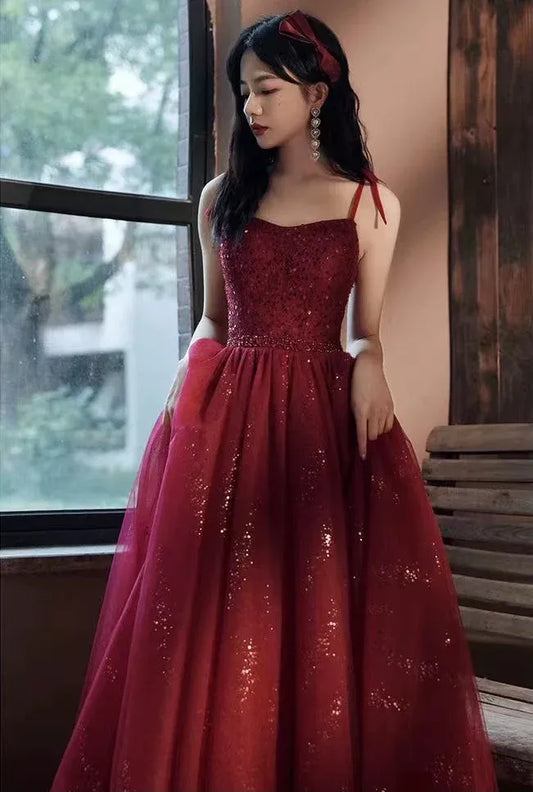 Sparkling A-line Square-neck Sleeveless Glitter Burgundy Floor-length Prom Dress for Women Ready to Ship