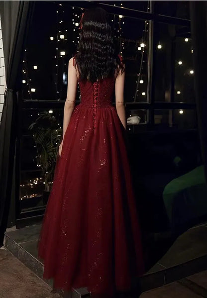 Sparkling A-line Square-neck Sleeveless Glitter Burgundy Floor-length Prom Dress for Women Ready to Ship