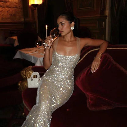 Sparkling Evening Wear For Women Elegant Party Dress Sexy Spliced Sleeveless Backless Long Prom Dress