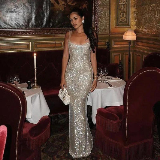 Sparkling Evening Wear For Women Elegant Party Dress Sexy Spliced Sleeveless Backless Long Prom Dress