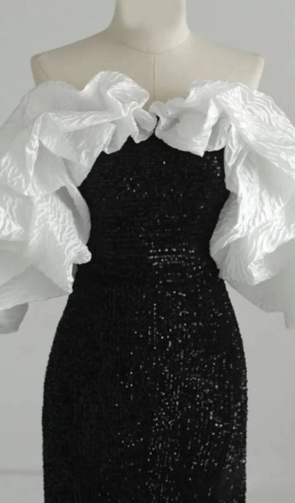 Sparkling Mermaid Off-Shoulder Ruffled Sequin White Floor Length Prom Dress Hot Sale