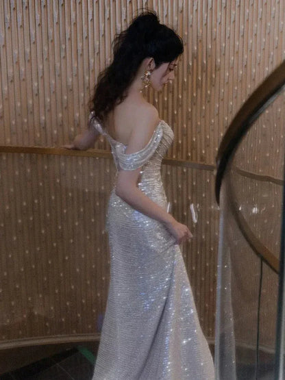 Sparkling Mermaid Off-Shoulder Sequin Silver Maxi Prom Dress for Women ready to ship