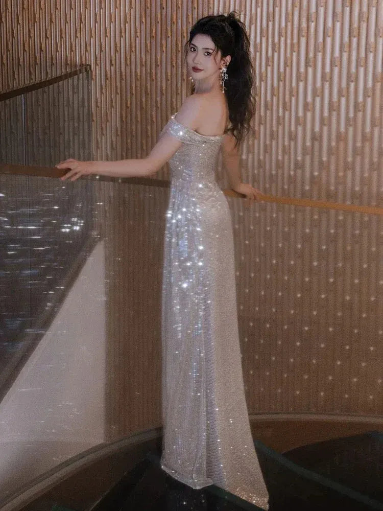 Sparkling Mermaid Off-Shoulder Sequin Silver Maxi Prom Dress for Women ready to ship