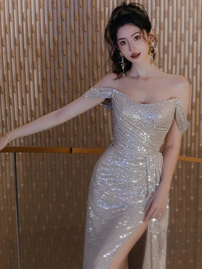 Sparkling Mermaid Off-Shoulder Sequin Silver Maxi Prom Dress for Women ready to ship