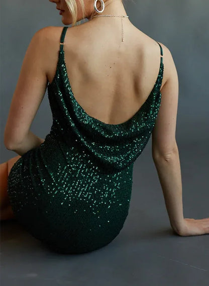 Sparkling Sheath Spaghetti Straps Cowl Back Sequin Emerald Mini Homecoming Dress