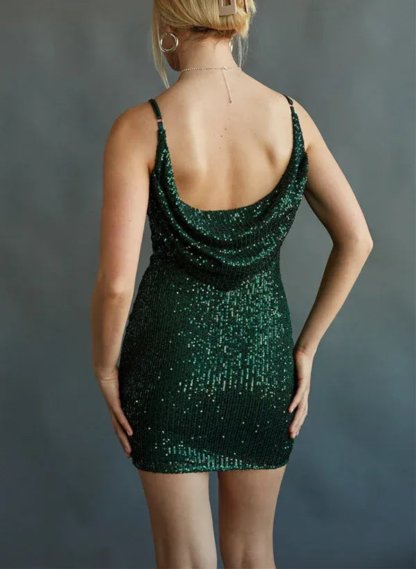 Sparkling Sheath Spaghetti Straps Cowl Back Sequin Emerald Mini Homecoming Dress