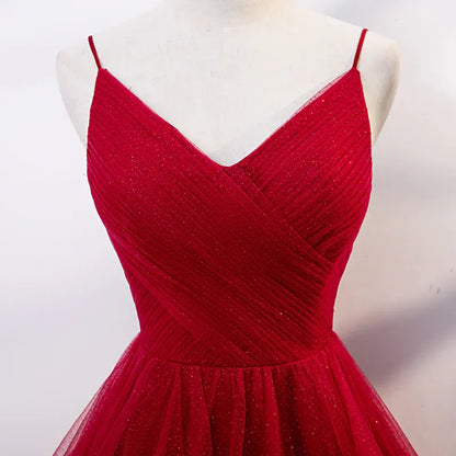 Sparkling Tulle Long Evening Dress Red V-Neck Spaghetti Strap for Women