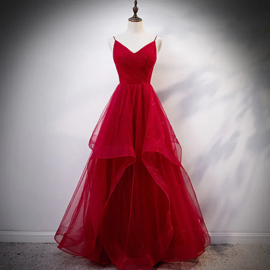 Sparkling Tulle Long Evening Dress Red V-Neck Spaghetti Strap for Women