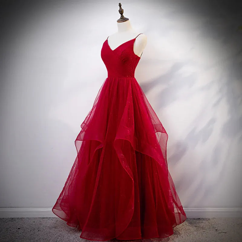 Sparkling Tulle Long Evening Dress Red V-Neck Spaghetti Strap for Women