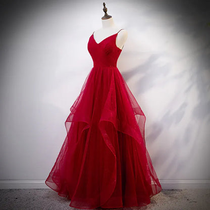 Sparkling Tulle Long Evening Dress Red V-Neck Spaghetti Strap for Women