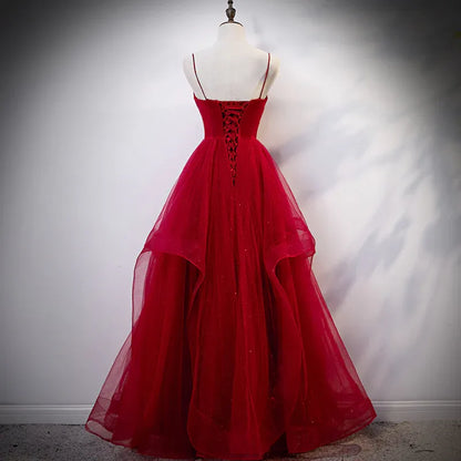 Sparkling Tulle Long Evening Dress Red V-Neck Spaghetti Strap for Women
