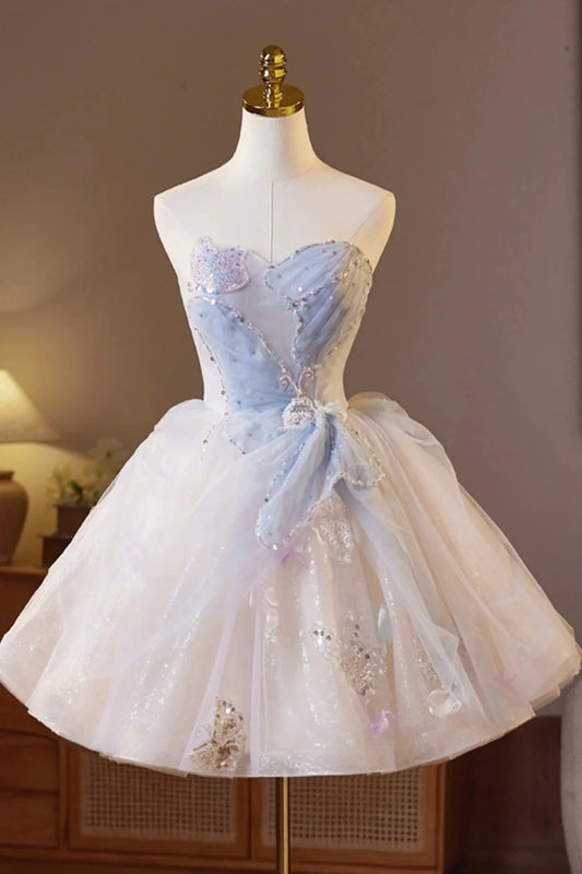 Sparkling Tulle Short Prom Dress Beautiful A-Line Strapless Evening Party Dress
