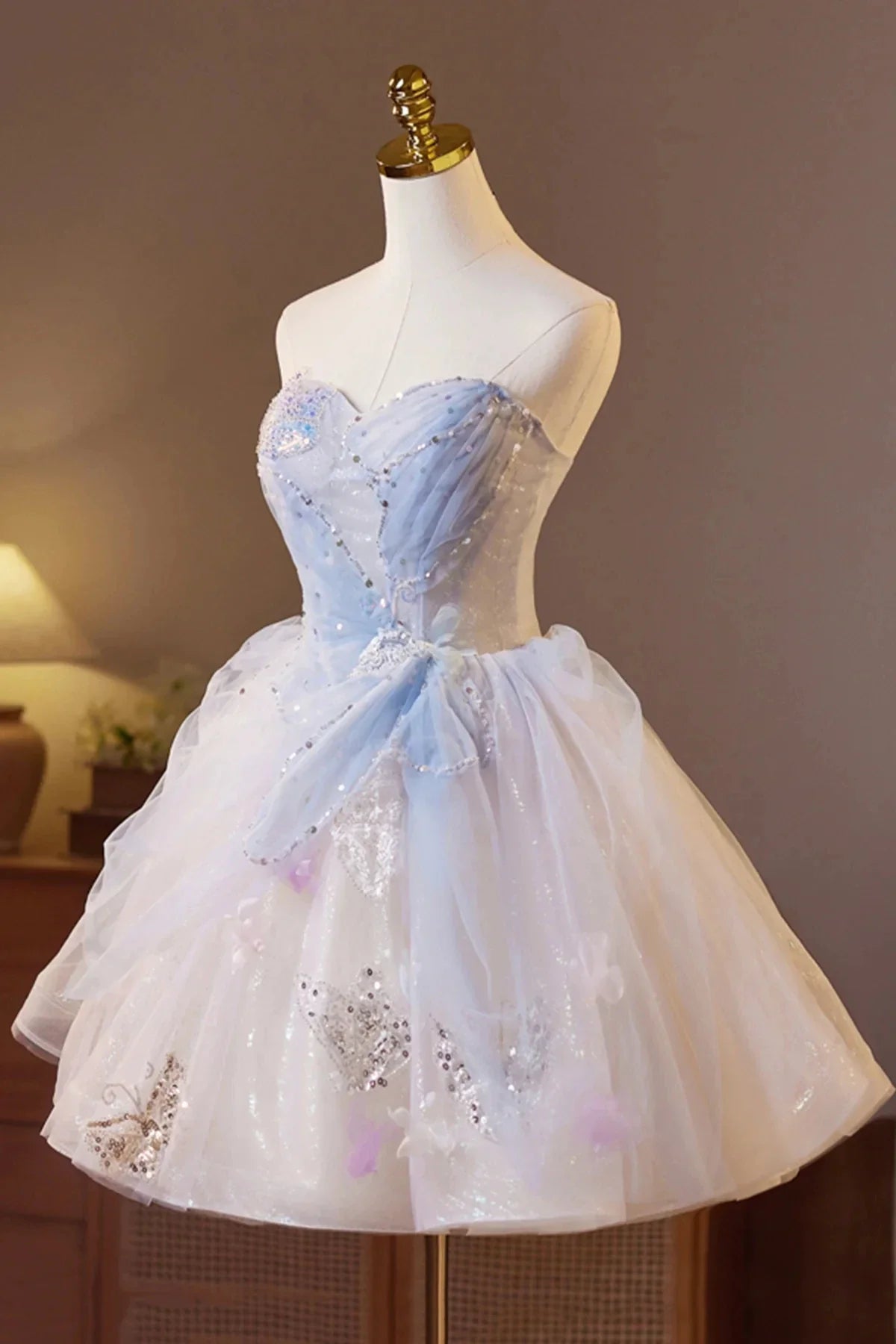 Sparkling Tulle Short Prom Dress Beautiful A-Line Strapless Evening Party Dress