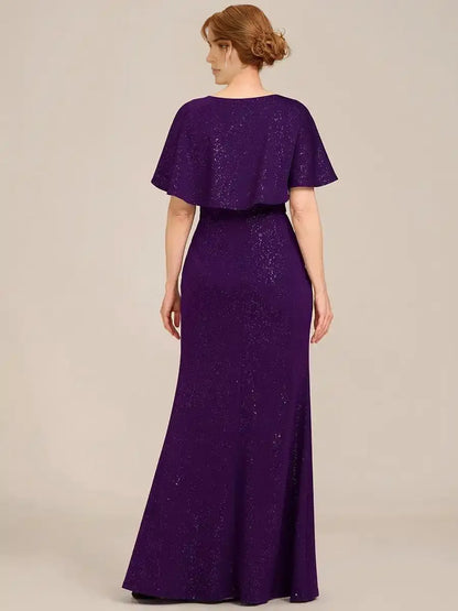 Sparkling V Neck Ruffled Batwing Sleeve Mother of the Bride Dress