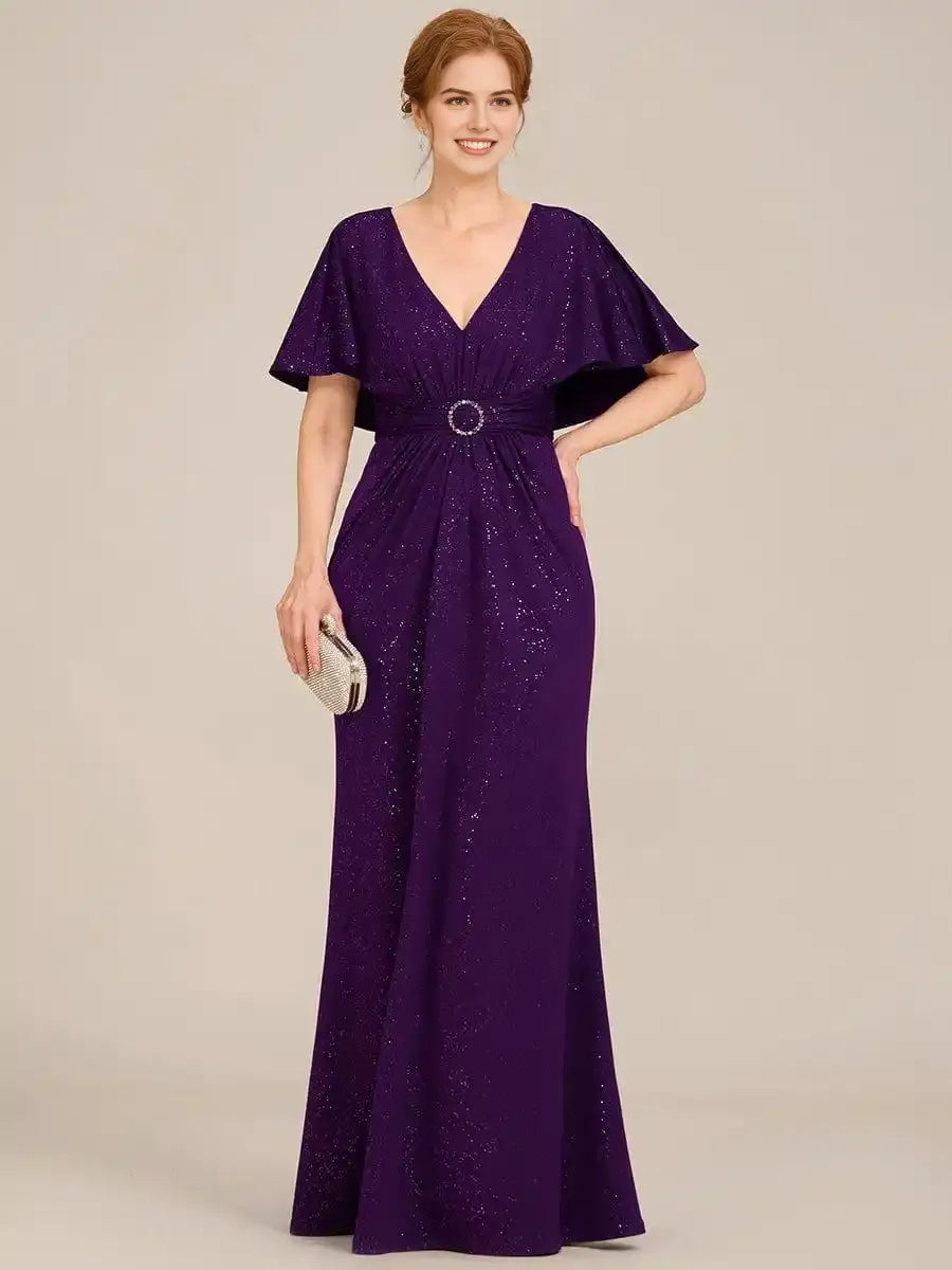 Sparkling V Neck Ruffled Batwing Sleeve Mother of the Bride Dress