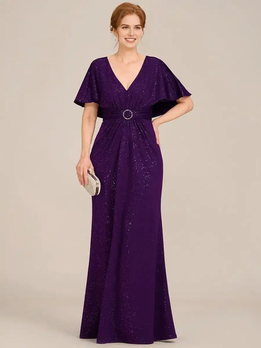 Sparkling V Neck Ruffled Batwing Sleeve Mother of the Bride Dress