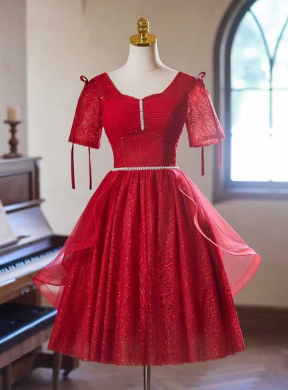 Sparkling A-Line Scoop Short Sleeve Ruched Beaded Red Short Homecoming Dresses