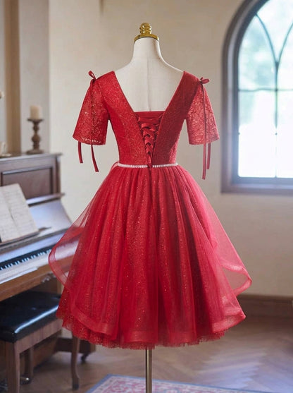 Sparkling A-Line Scoop Short Sleeve Ruched Beaded Red Short Homecoming Dresses