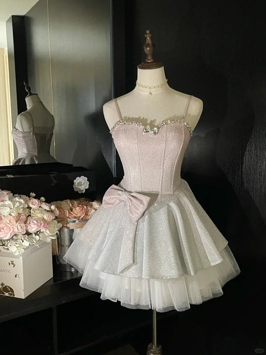 Sparkling A-Line Sweetheart Sequin Bodice Bow Blush Pink Short Homecoming Dresses