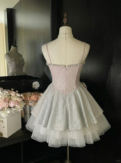 Sparkling A-Line Sweetheart Sequin Bodice Bow Blush Pink Short Homecoming Dresses