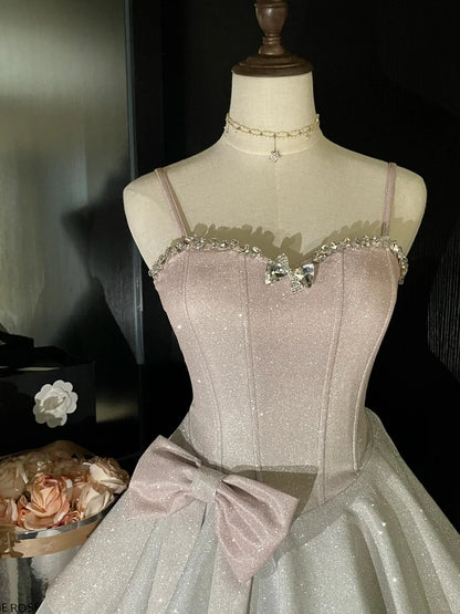 Sparkling A-Line Sweetheart Sequin Bodice Bow Blush Pink Short Homecoming Dresses