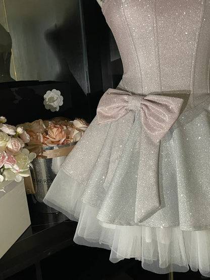 Sparkling A-Line Sweetheart Sequin Bodice Bow Blush Pink Short Homecoming Dresses