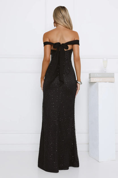 Sparkling Mermaid Off-Shoulder High-Slit Sequin Black Floor-Length Prom Dress