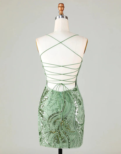 Close-up of criss-cross back and sparkly fabric on royal blue dress.