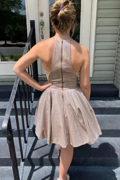 Sparkly A-Line Halter Neck Glittery Champagne Short Homecoming Dress for Women