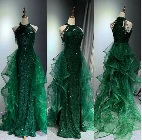 Sparkly A-Line High Neck Sleeveless Zipper Up Floor-Length Evening Dress