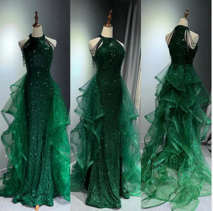 Sparkly A-Line High Neck Sleeveless Zipper Up Floor-Length Evening Dress