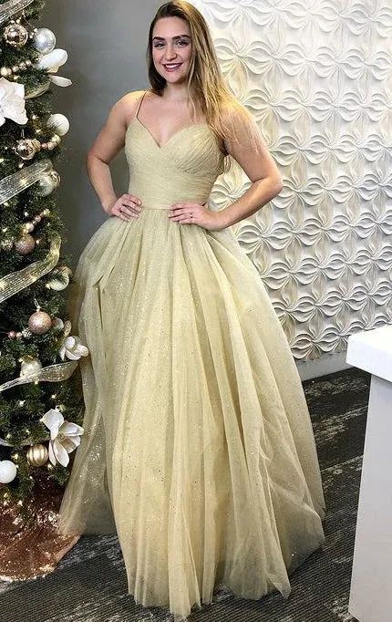 Sparkly A-Line V Neck Sleeveless Tulle Floor-Length Prom Dress