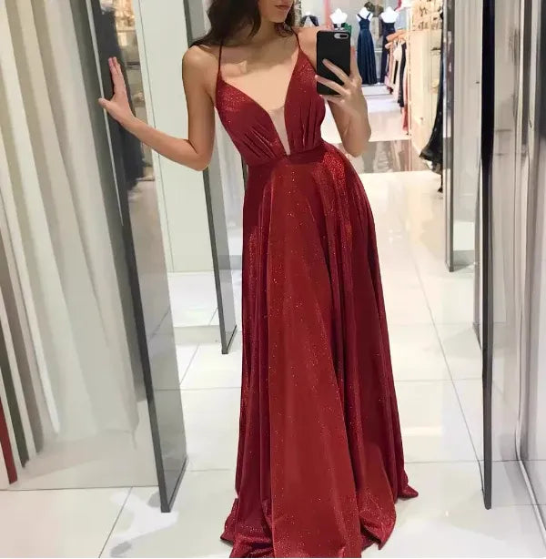 Sparkly A-line Halter Neck Sleeveless Glitter Burgundy Maxi Prom Dress for Women Hot Sale