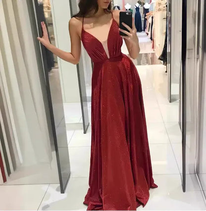 Sparkly A-line Halter Neck Sleeveless Glitter Burgundy Maxi Prom Dress for Women Hot Sale