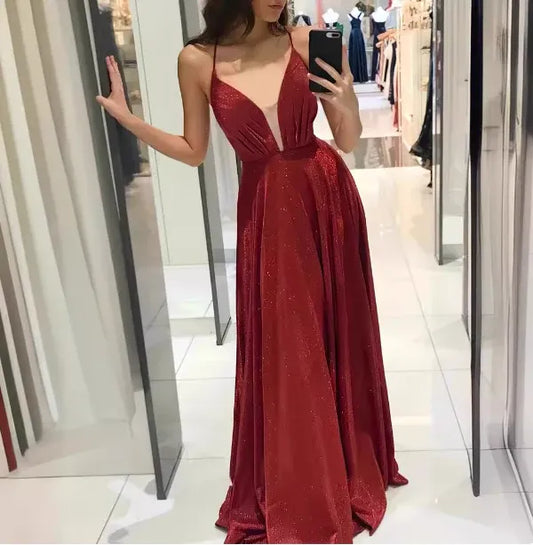 Sparkly A-line Halter Neck Sleeveless Glitter Burgundy Maxi Prom Dress for Women Hot Sale
