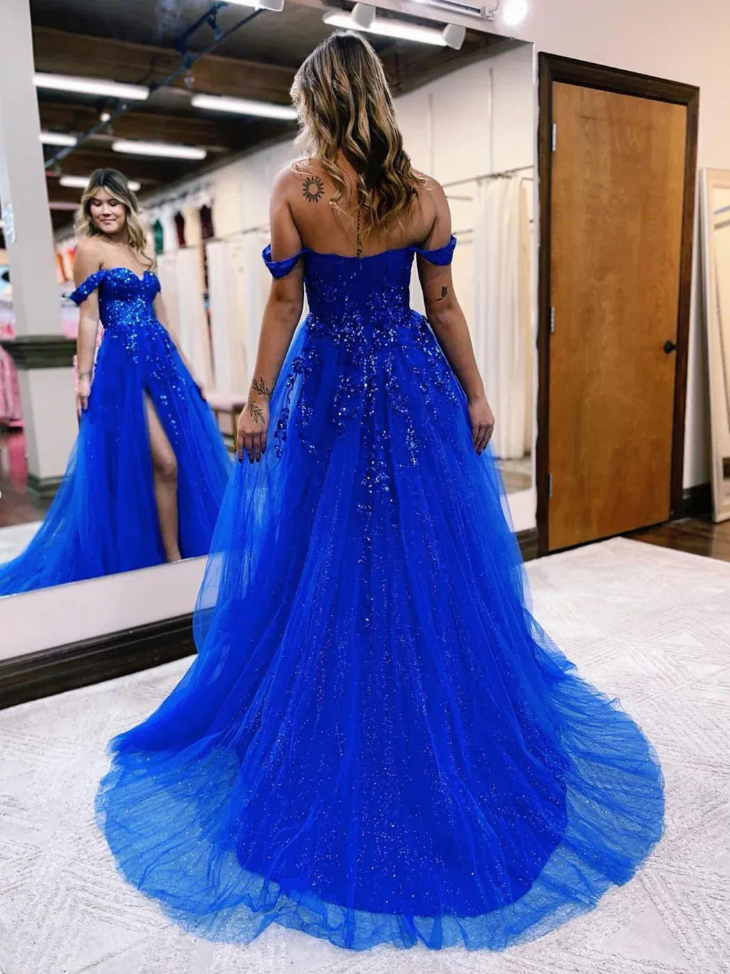 Sparkly Ball Gown Off The Shoulder Sleeveless Tulle Backless Floor Length Prom Dress