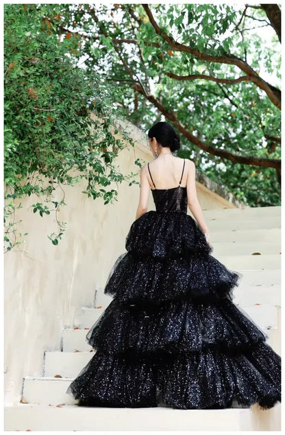 Sparkly Ball Gown Spaghetti Tiered Black Train Prom Dress Custom