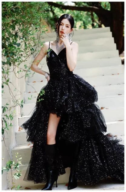 Sparkly Ball Gown Spaghetti Tiered Black Train Prom Dress Custom