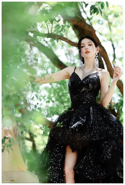 Sparkly Ball Gown Spaghetti Tiered Black Train Prom Dress Custom
